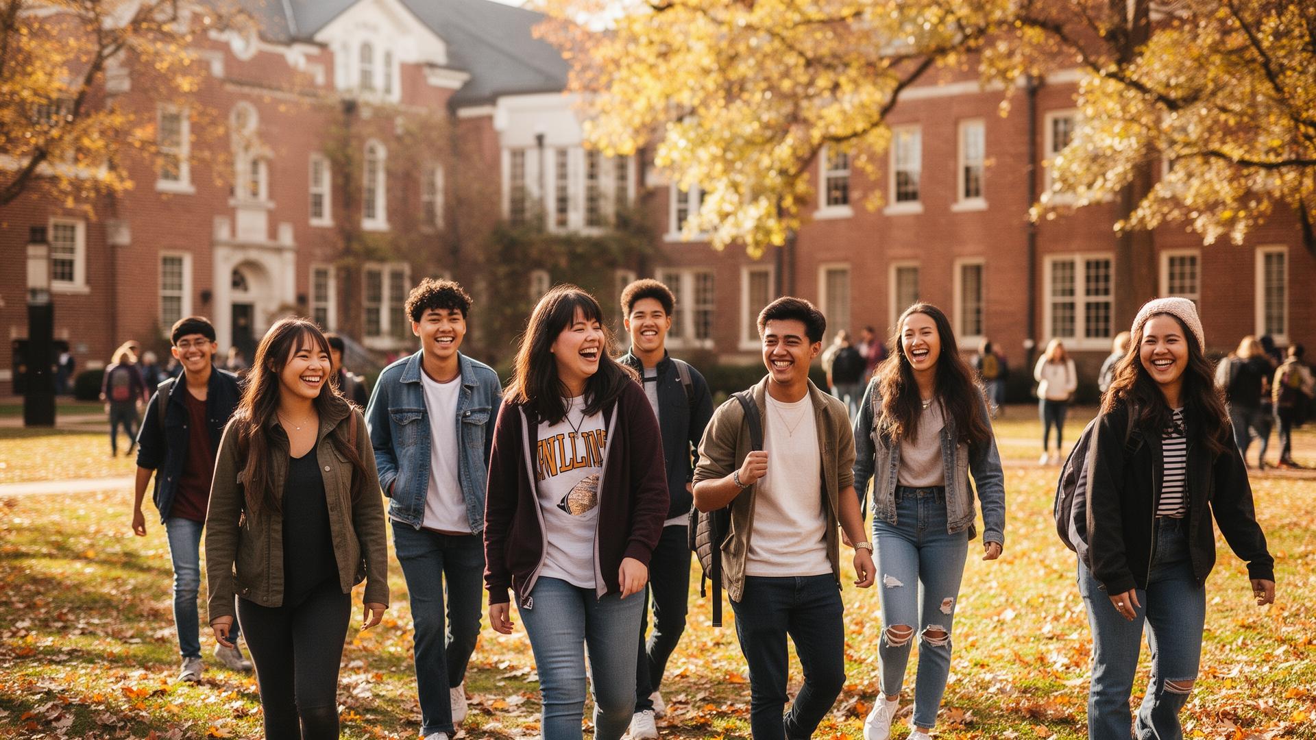 Diverse students walking on a U.S. college campus in autumn